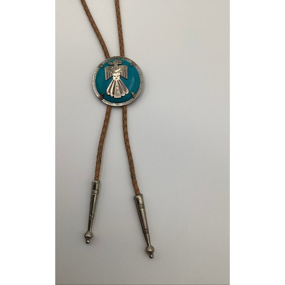 Vntg Southwestern Thunderbird Bolo Tie Nickel Silver Turquoise Inlay Boho - Picture 3 of 4